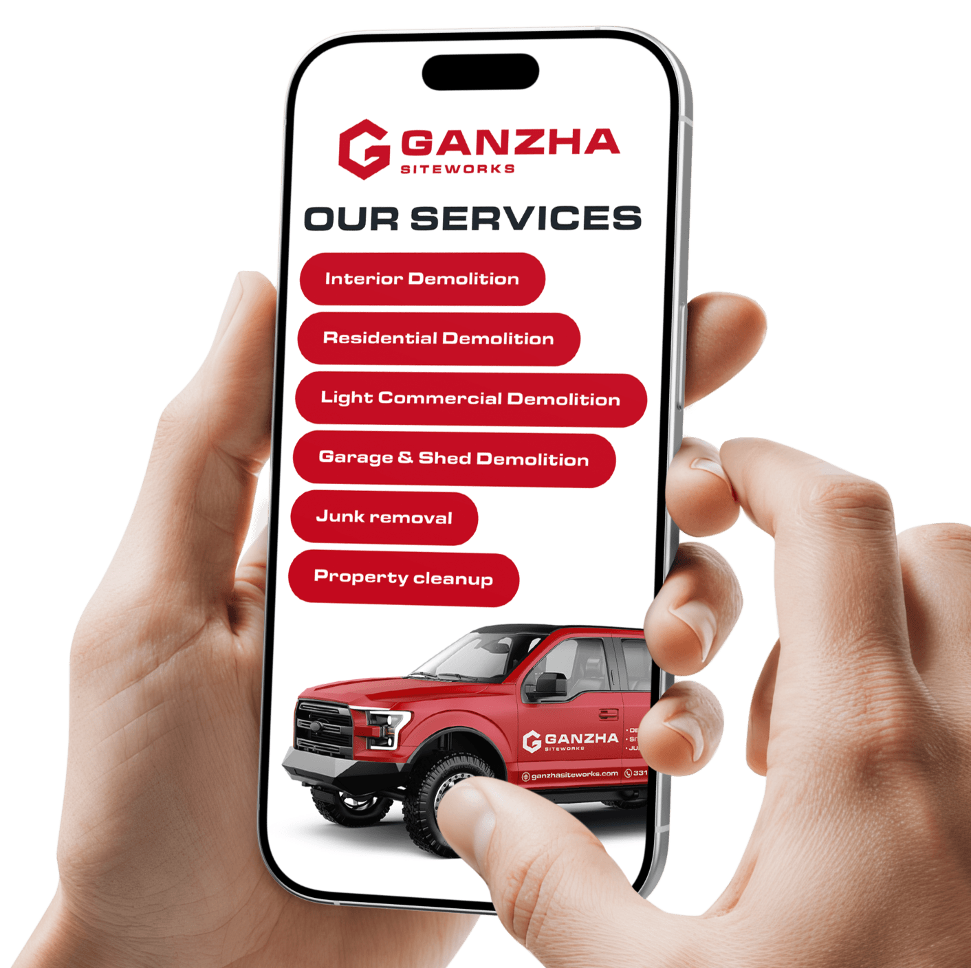 Hands holding a phone with the Ganzha Siteworks services list