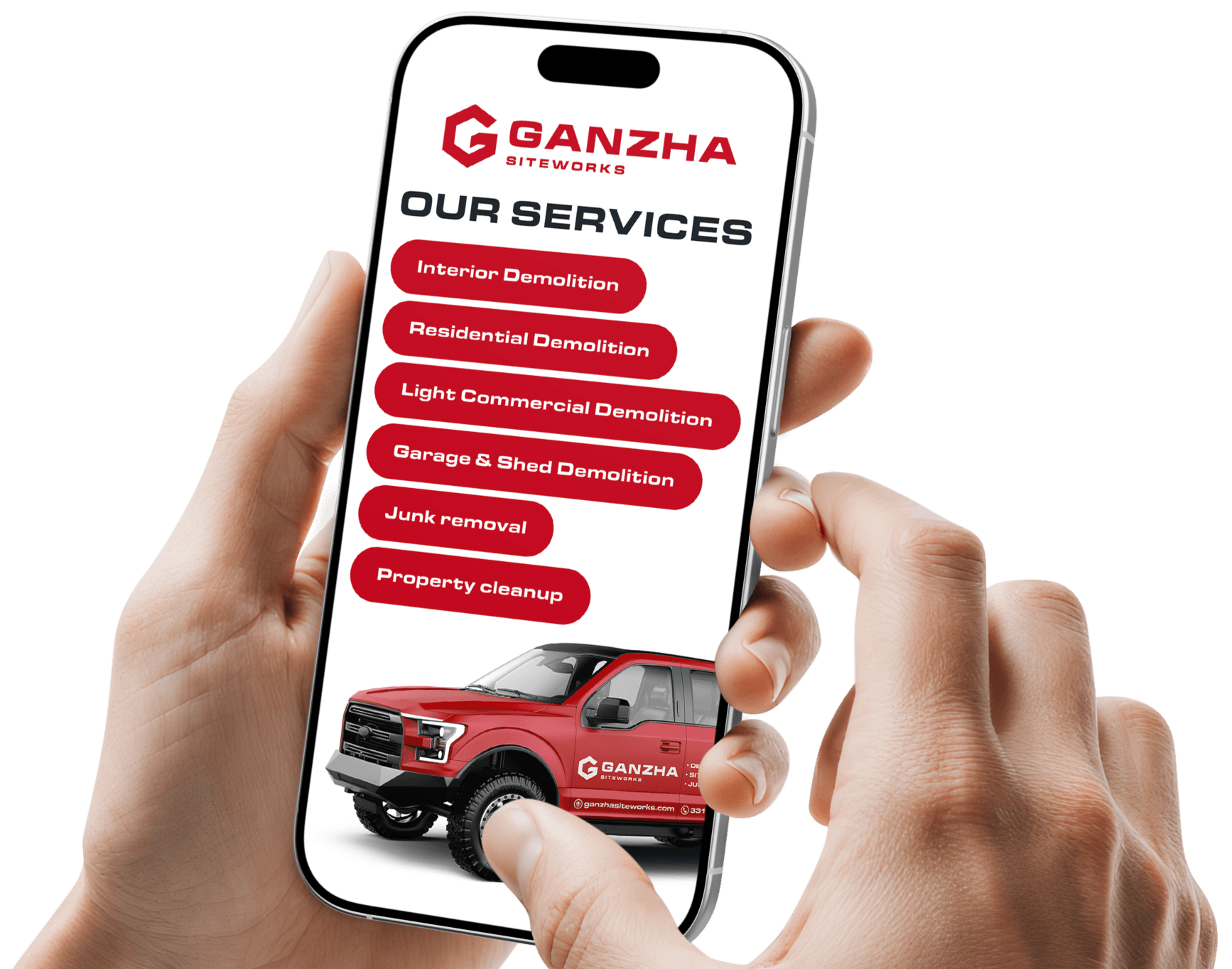 Hands holding a phone with the Ganzha Siteworks services list
